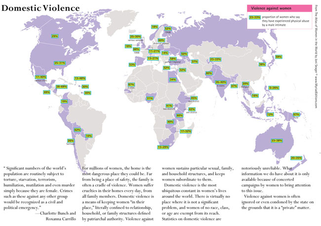 "Domestic Violence “Significant numbers of the world’s population are routinely subject to torture, starvation, terrorism, humiliation, mutilation, and even murder simply because they are female. Crimes such as these against any other group would be recognized as a civil and political emergency” Charlotte Bunch and Roxanna Carrillo For millions of women, the home is the most dangerous place they could be. Far from being a place of safety, the family is often a cradle of violence. Women suffer cruelties in their homes every day, from all family members. Domestic violence is a means of keeping women “in their place,” literally confined to relationship. Household, or family structures defined by patriarchal authority. Violence against women sustains particular sexual, family, and household structures, and keeps women subordinate to them. Domestic violence is the most ubiquitous constant in women’s lives around the world. There is virtually no place where it is not a significant problem, and women of no race, class, or age are exempt from its reach. Statistics on domestic violence are notoriously unreliable. What information we do have about it is only available because of concerted campaigns by women to bring attention to this issue. Violence against women is often ignored or even condoned by the state on the grounds that it is a “private” matter." 