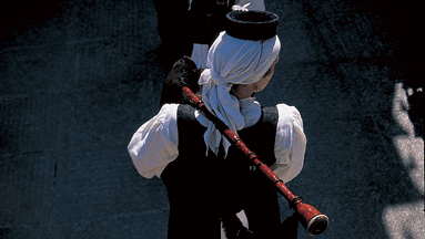A woman in an ethnic outfit holds a musical instrument